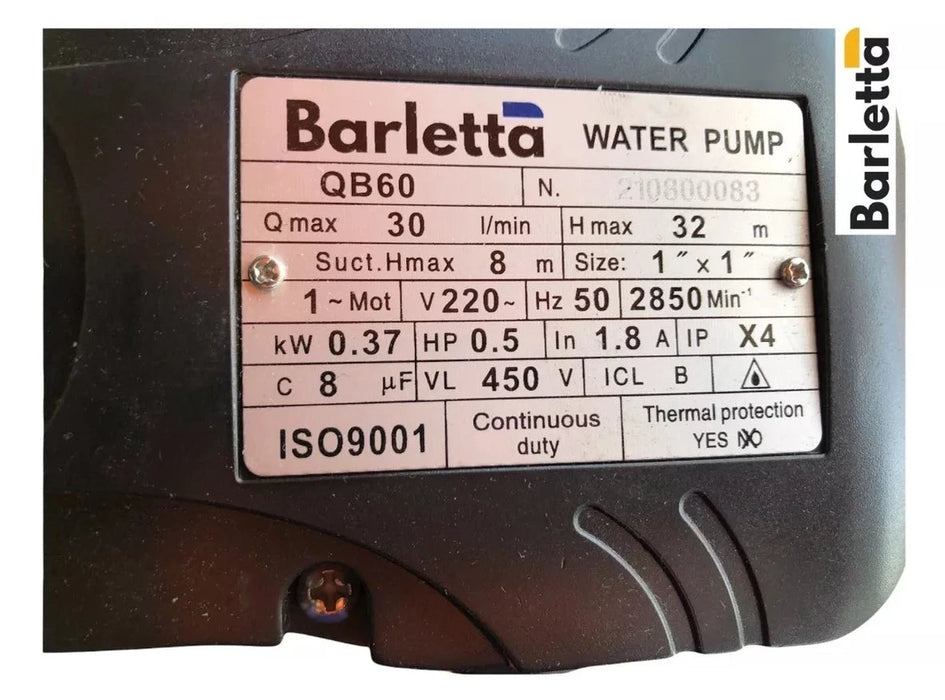 Bomba de Agua Periférica QB60 220V 0.5 HP - BARLETTA